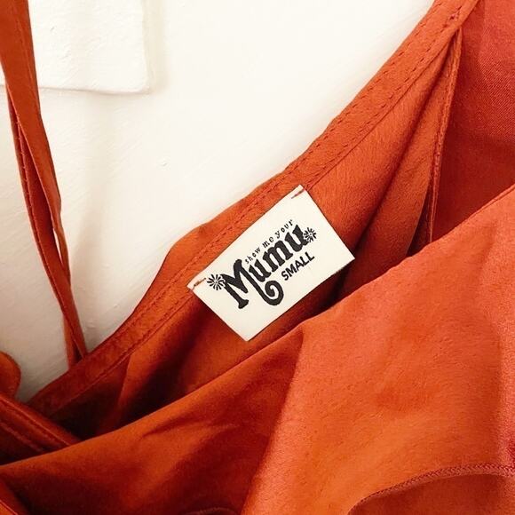Show Me Your Mumu Burnt Orange Luxe Satin Samantha Ruffle Wrap Dress Size S - Picture 3 of 6